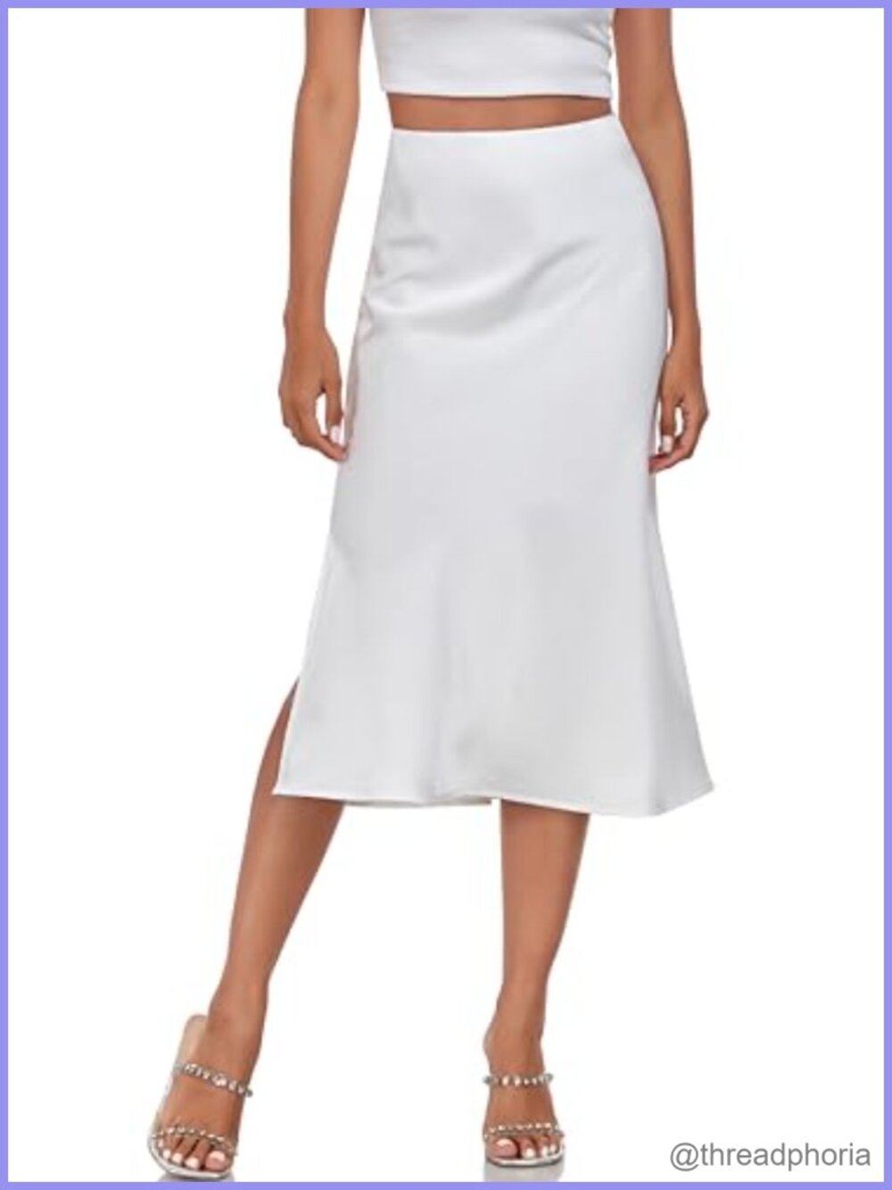 Silk Satin Midi Skirt High Waist A-Line Side Slit Elegant Casual